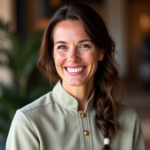 Photo d'Élise Dubois, fondatrice de Coriandre Escapade, souriante et passionnée par la cuisine.