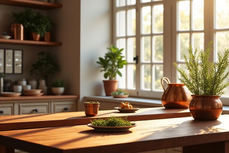 Intérieur élégant et ensoleillé d'un atelier de cuisine parisien, avec des ustensiles en cuivre et des herbes fraîches.