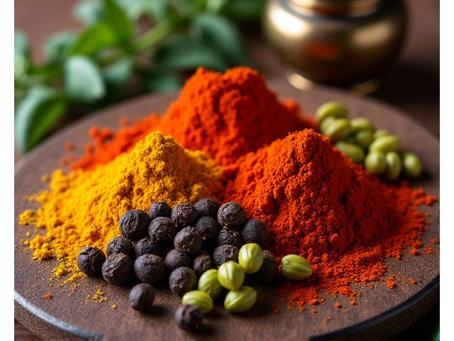 Composition artistique de diverses épices colorées et vibrantes, telles que le curcuma, le paprika, la cardamome et le poivre en grains.