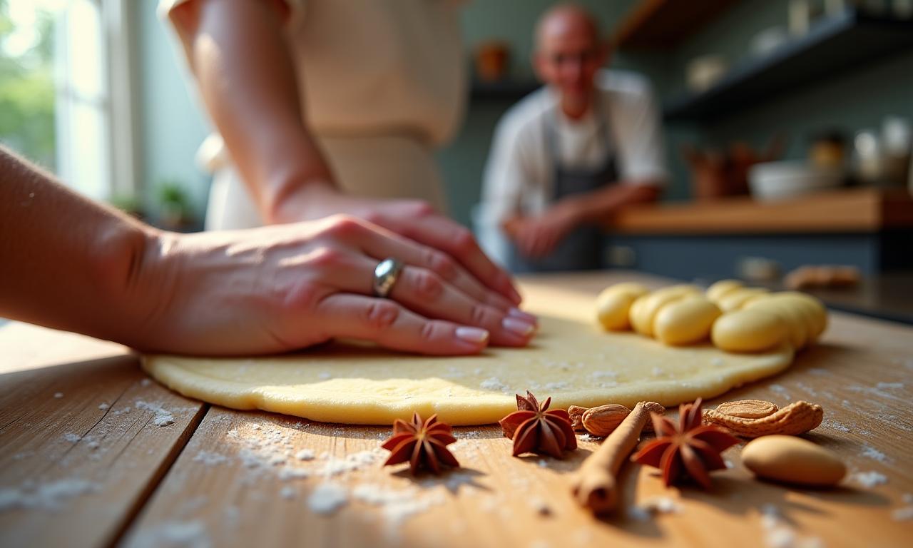 Mains pétrissant de la pâte, épices moulues et sourires dans un cours de cuisine française