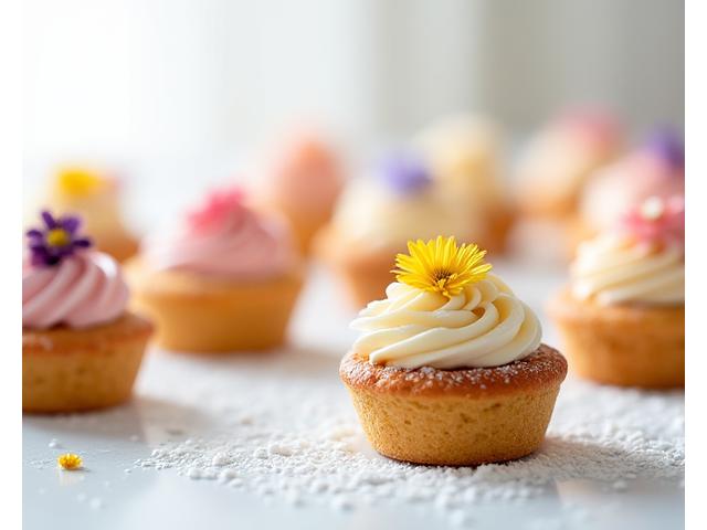 Petits fours français délicatement décorés avec des fruits et glaçages, sur une table de pâtisserie.