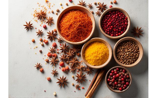 Assortiment d'épices vibrantes dans de petits bols en céramique