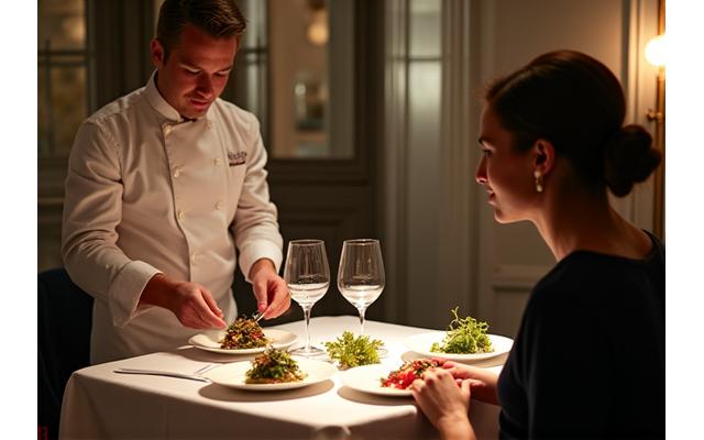 Dîner élégant servi par un chef privé dans une maison parisienne