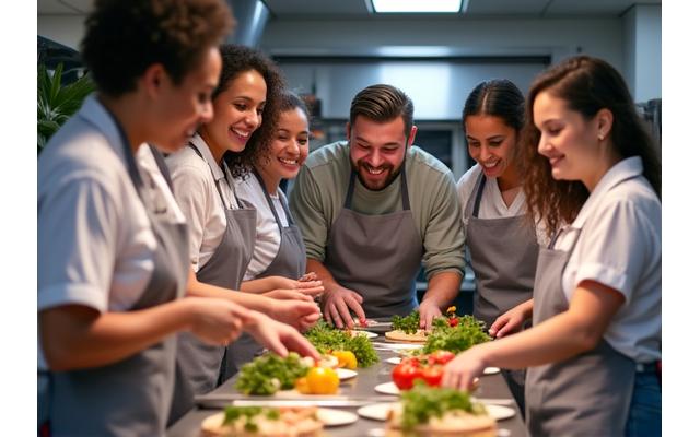 Équipe souriante participant à un atelier de cuisine de cohésion d'équipe