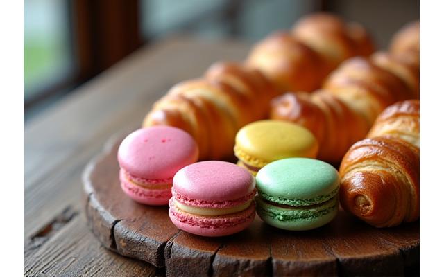 Assortiment de macarons colorés et croissants dorés