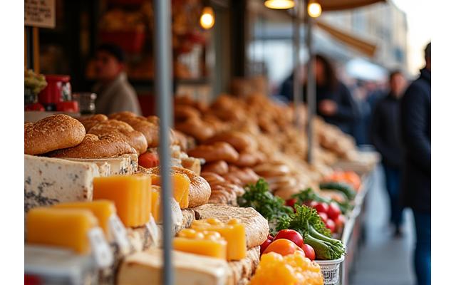 Marché parisien animé avec des fromages, des pains et des fruits frais